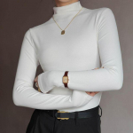 Rudens ir žiemos moteri&scaron;ki apatiniai mar&scaron;kinėliai iki pusės auk&scaron;to kaklo Vidurio kaklo pamink&scaron;tintas vidinis plonas vienspalvis apatinis drabužis Juodi aptempti palaidinė ilgomis rankovėmis L balta