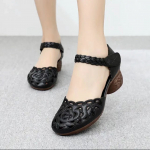 Vasariniai sandalai Moteri&scaron;ki siuvinėti auk&scaron;takulniai odiniai batai I&scaron;kirpti retro storio kulno sandalai