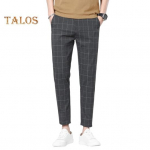 Vyri&scaron;kos devintos kelnės, tiesios languotos, spausdintos &scaron;oninės ki&scaron;enės, plonos, elastingos, siauros sagos, užsegamas užtrauktuku Kasdieninės oficialios verslo kelnės M tamsiai pilka spalva