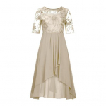 Moteri&scaron;ka gėlėta nėriniuota midi suknelė vasarinė apvali kaklo i&scaron;kirpte &scaron;ifono sūpynių suknelė kokteilinė vakarinė ilga suknelė vestuvių svečių pamergių vakarėliui XXXL auksinė