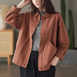 Women's Spring Solid Color Vintage Jacket Single Breasted Loose Casual Design Pocket Top XL