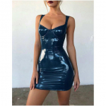 Seksuali naktinio klubo Bungee Bright Light apvyniota krūtine, liemens lieknina PU odinė suknelė XXXXXL mėlyna
