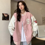Streetwear Bomber striukė Moteri&scaron;ka Oversized Varsity striukė Kolegijos uniforma Harajuku mada Korėjieti&scaron;ka Rožinė beisbolo paltai L rožinė