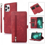 9 kortelių atverčiamas retro užtrauktuko odinis kryžminio korpuso piniginės dėklas, skirtas iPhone 15 14 13 12 11 Pro Max XS MAX XR / Samsung S23 S22 S21 S20 Ultra Plus A14 A13 A54 A53 iPhone 6/6S raudona