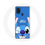 Coque Samsung Galaxy A21S Stitch mignon fond bleu