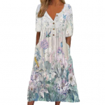 Vasarinė moteri&scaron;ka suknelė A formos laisvu apvadu, klostuotu O kaklu, puse sagos užsegimas trumpomis rankovėmis laisvomis &scaron;oninėmis ki&scaron;enės Retro gėlėmis spausdintos spaudos viduryje iki blauzdos ilgio S pilka