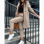 Moteri&scaron;kas madingas kasdienis flisinis kostiumas su gobtuvu M chaki