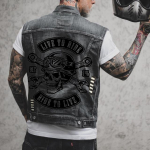 Vyrų pavasario ir rudens nauja gatvės liemenė be rankovių motociklo asmenybės kaukolės ra&scaron;tas, punk vėjo skylė, džinsinė liemenė XXXL juoda