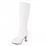 Seksualūs moteri&scaron;ki auk&scaron;takulniai batai iki kelių, apvalaus priekio, masyviais kulnais, 9 cm, platforma 2 cm, 45 46 47, moteri&scaron;ki pasimatymų aulinukai 46 balta