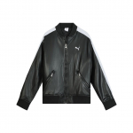 Puma T7 dirbtinės odos bomber striukė su logotipu Laisvo kirpimo Retro beisbolo apykaklė Užtrauktukas Ilgomis rankovėmis Unisex striukė 636319-01 M