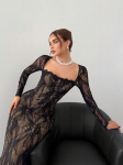 Nėriniuota Eleganti&scaron;ka Kvadratinės I&scaron;kirptės Gėlių Mozaikos Ilgomis Rankovėmis Lieknai Figūrai Maxi Suknelė 2XL juoda