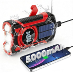 Avarinis radijas su rankiniu generatoriumi, 5000 mAh baterija, radijas su rankiniu generatoriumi ir Bluetooth garsiakalbiu, saulės įkroviklis, i&scaron;orinė baterija, USB AM/FM radijas su SOS aliarmu, IPX5 raudona