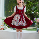 Tradicinė mergaičių suknelė ūkininkei su prijuoste ir skarele Bavari&scaron;kas Oktoberfest kostiumas vaikams Kaimi&scaron;kas stiliaus apranga 120 vynas