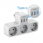 TESSAN EU KR Plug Multi lizdai Maitinimo juosta su USB prievadais C tipo sieninis įkroviklis Elektrinis prailginimo lizdo adapteris namų biurui 3 Outlet &2 USB-A&1 USB-C pilka spalva