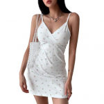 Vasarinė moteri&scaron;ka mini suknelė V formos i&scaron;kirpte be rankovių, gėlėmis spausdinta, auk&scaron;tu juosmeniu puo&scaron;ta vakarėliui skirta suknelė, moteri&scaron;ka, plona suknelė Gatvės drabužiai M &scaron;viesiai mėlyna spalva