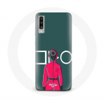 Coque pour Samsung Galaxy A50 Squid Game Soldat Rouge avec Masque Cercle Fond Vert