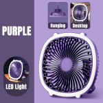 Daugiafunkcis stalinis ventiliatorius su LED lempute, įkraunamas, kempingui, lubinis, ne&scaron;iojamas, elektrinis, USB įkrovimas, vėsinimo prietaisai violetinė