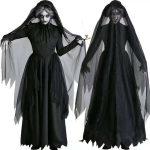 Moterų Helovino raganos demono vampyro uniformos rinkinys juoda ilga suknelė su gobtuvu, apsiaustas su pir&scaron;tinėmis Vakarėlio kostiumas XL gray