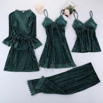 Bordo aksominis pižamos kostiumas moterims 4 dalys Kimono chalatas naktinių komplektas Sleepwear Lady Žieminis &scaron;iltas dryžuotas auksinis velvetinis chalatas 2XL gray