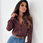 Moterų mada, laisvalaikio pavasario rudens vienspalvė spauda ilgomis rankovėmis POLO kaklo palaidinės ir mar&scaron;kiniai S mėlyna