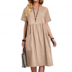 Moteri&scaron;ka medvilninė lininė vasarinė suknelė apvaliu kaklu trumpomis rankovėmis Midi suknelė laisva M chaki