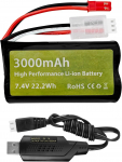 7.4V 3000mAh 15C 2S Li-ion akumuliatorius su JST-2P ki&scaron;tuku ir USB įkrovimo laidu &ndash; skirtas UDIRC UD1601 UD1602 SG1603 RC automobiliui 1/10 1/12 1/16 juoda