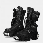 Mada 2024 Nauji Punk Moteri&scaron;ki Platforminiai Ankle Boots Moteri&scaron;ki Rock Apvalus Pir&scaron;tas Suvarstomi Madingi Retro Stambūs Batai Metaliniai Dekoro Trumpi Batai 35 juoda