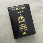 Tarptautinės kriminalinės policijos organizacijos paso vir&scaron;elis INTERPOL dokumentas Policijos ženklelis Interpolas smėlis