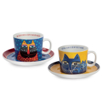 Laurel Burch [A2688] - Coffret duo d&eacute;jeuner porcelaine 'Laurel Burch' bleu jaune (chats) - tasse 9x7 cm (340 ml)