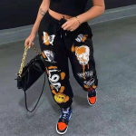 &bdquo;InstaHot&ldquo; moteri&scaron;kos sportinės kelnės &bdquo;Harajuku&ldquo; animacinių filmų spausdintos kelnės &bdquo;Jogger&ldquo;, 2021 m., rai&scaron;teliai &bdquo;Cargo&ldquo; kelnaitės gatvės apranga, laisvalaikio sportinės kelnės, rudenį XL juoda