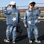 Berniukų Pavasario ir Rudens Džinsinis Kostiumas Berniukams ir Vaikams Džinsinis Gobtuvu Jaka + Džinsai Madingas Dviejų Dalių Kostiumas 130