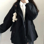 Moteri&scaron;ka solidi negabaritinė striukė Harajuku korėjiečių laisvalaikio laisvi paltai su gobtuvu pavasario rudens užtrauktuku Preppy School Girls Senoviniai gatvės drabužiai L juoda