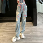 Madingi moteri&scaron;ki plė&scaron;yti džinsiniai kelnės su skylėmis, plauti mėlyni, tiesaus kirpimo, plačių kle&scaron;nių, laisvi, vintažiniai, seksualių kasdienių džinsų XXL mėlyna