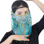 Performance Veil Permatomo tinklinio blizgučio ir karoliukų dekoro Pilvo &scaron;okių genties veido &scaron;ydas Retro kinų stiliaus Hanfu Prop Helovino kostiumo aksesuaras ežero mėlyna spalva