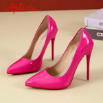 Aphixta 12 cm Super Auk&scaron;tas Plonas Kulnas Pompos Moteri&scaron;ki Batai Smailianosis Pir&scaron;tas Lakinė Oda Vestuviniai Spalvingi Suknelės Stiletto Kulno Batai Moteris 14