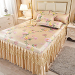 Ledinio &scaron;ilko nėrinių lovos sijonas ir vėsus kilimėlio rinkinys - Kvėpuojantis rotango dizainas 2.0*2.2m with Bedskirt + 2 Pillowcases
