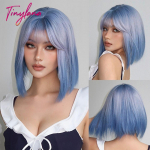 Blue Purple Ombre Cosplay Sintetiniai perukai Short Bob Straight Lolita Helovino plaukų perukas su kirpčiukais moterims, Afro kar&scaron;čiui atsparus