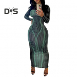 Moteri&scaron;ka Maxi Suknelė Slim Fit Skinny Sheath Ilgomis rankovėmis elastinga apvaliu kaklu dryžuota spauda Mink&scaron;ta plona iki kulk&scaron;nies moteri&scaron;ka pavasario rudens vakarėlio suknelė M pilka