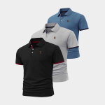 3 vnt. vyrų polo mar&scaron;kinėlių su kontrastingais rankogaliais ir krūtinės logotipu, klasikine apykakle, sagų juostele, verslo kasdieniai vir&scaron;utiniai drabužiai L juoda/pilka spalva