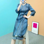 Denim print pleated dress female summer new high-end westernized o neck three quarter sleeve o neck elastic dress female