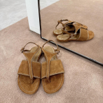 Fashion Luxury Sandals Summer Suede Flat Bottomed Roman Sandals Women's Leather Retro Versatile Back Strap Sandals Zapatos De Mujer 35 ruda