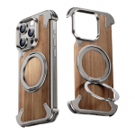 iPhone 16 15 14 Pro Max dėklas, 360&deg; besisukantis žiedinis stovas, magnetinis, &bdquo;MagSafe&ldquo; rie&scaron;utmedžio, metalo lydinio karkasas, apsauginis dangtelis For iphone15 Pro Max gray