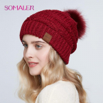 SOMALER Slouchy Beanies žieminės kepuraitės moterims Megztos kepuraitės moteri&scaron;koms kepuraitėms su dirbtinio lapės kailiu pomponu