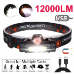 12000LM vandeniui atsparus galingas LED priekinis žibintas XPE + COB USB įkraunamas priekinių žibintų žibintas.
