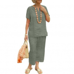 Medvilninis lininis dviejų dalių laisvalaikio komplektas moterims, laisvas V formos i&scaron;kirpte, trumpomis rankovėmis, plačios kelnės ir vasarinis laisvalaikio apranga 3XL