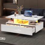 Modernus blizgus kavos staliukas su LED ap&scaron;vietimu ir 2 stalčiais &ndash; Stilingas 90x55x41 cm &scaron;oninis staliukas su daiktų saugojimo vieta, keliamoji galia iki 30 kg balta