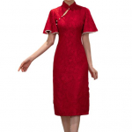 Raudoni nėriniai Cheongsam moteri&scaron;ka eleganti&scaron;ka plona retro suknelė, stovinti apykaklė 3/4 rankovėmis žakardo nėriniai Qipao kinų stiliaus vakarinė vestuvinė suknelė