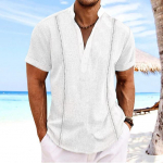 Vyri&scaron;ki mar&scaron;kiniai trumpomis rankovėmis su Henley apykakle, vienspalviai, kubieti&scaron;ko stiliaus Guayabera, medvilnės ir lino, trumpomis rankovėmis XXL balta
