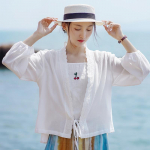 &bdquo;Johnature&ldquo; moteri&scaron;ki vasariniai mar&scaron;kinėliai balti vintažinės medvilninės palaidinės su diržu, laisvalaikio vir&scaron;ūnės su V formos i&scaron;kirpte ilgomis rankovėmis moteri&scaron;ki nėriniuoti mar&scaron;kiniai M balta