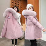 Moteri&scaron;ka Parka Fashion Ilgo palto vilnos pamu&scaron;alas su gobtuvu Parkas žieminė striukė plona su kailiniu apykakle &Scaron;ilti sniego dėvėjimo pamink&scaron;tinti drabužiai XXL rožinė